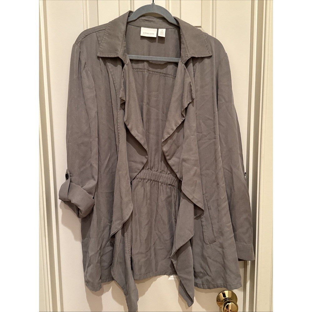 Chico's Women Green Open Front Green Long Sleeve‎ Waterfall Front Jacket Sz 3 XL